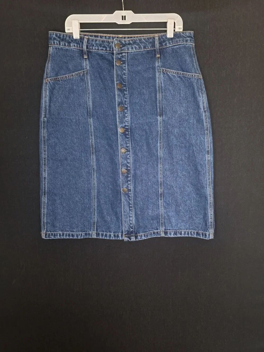 💙 Old Navy Button Front Denim Midi Skirt Size 14 Cotton Dark Wash Pockets Casua